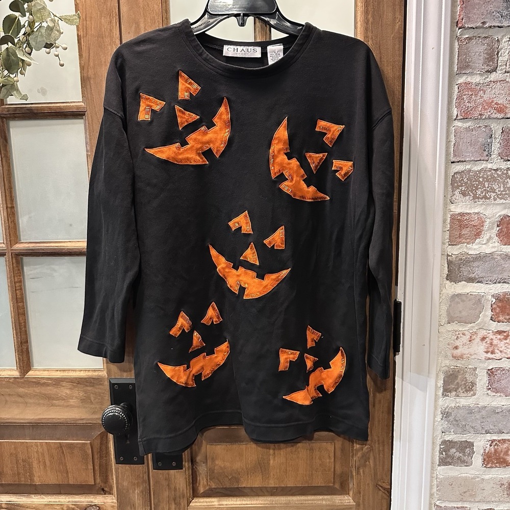 Vtg Chaus Sport Halloween Top Tunic‎ Embellished Beaded Pumpkin Jack O Lantern S